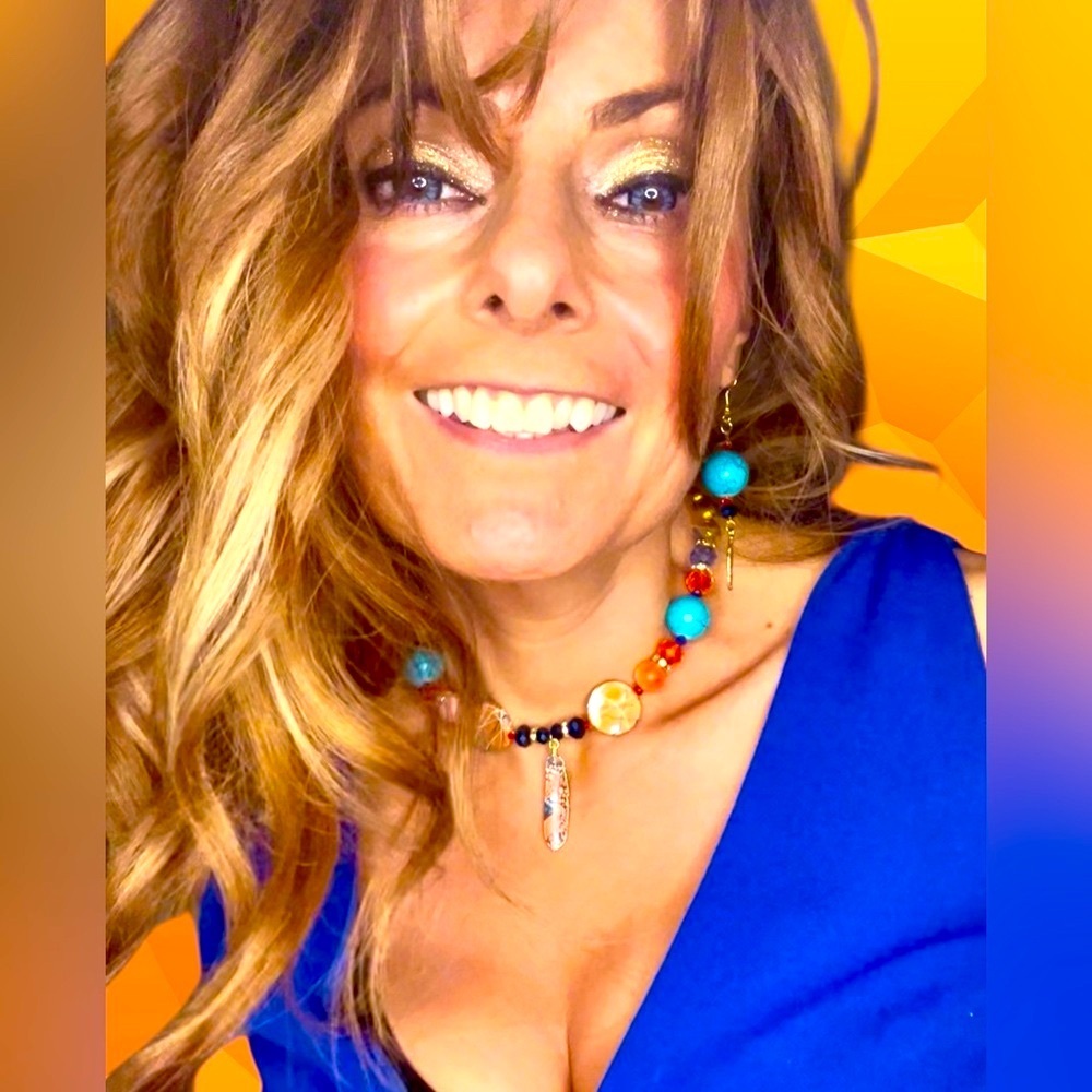 Feather 🪶 Beaded Necklace and Earring Set in Teal, blue and Orange